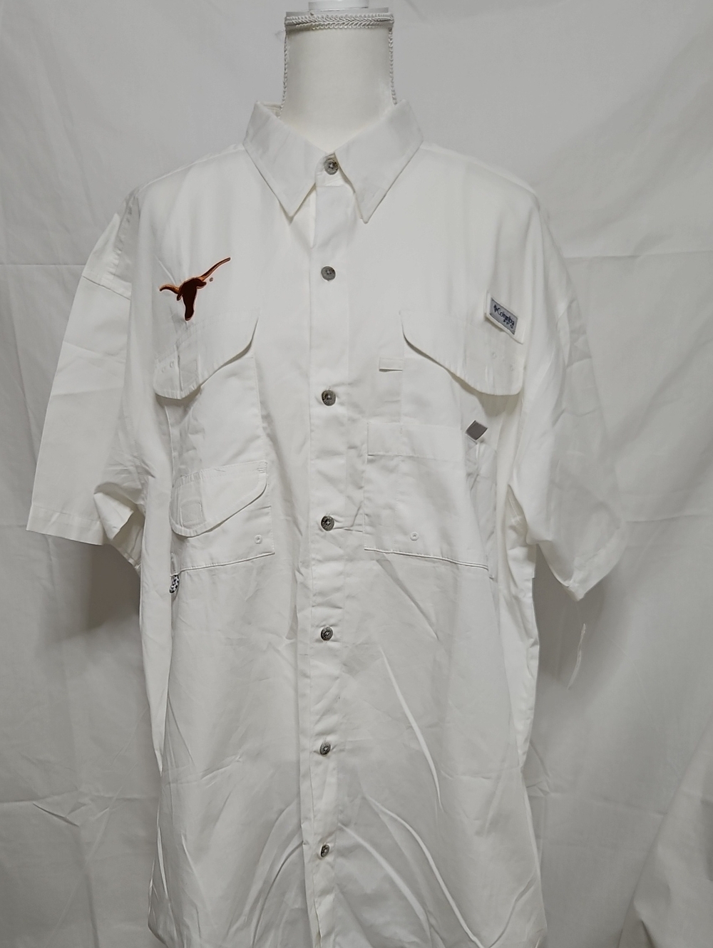 Columbia White PFG Short-Sleeve Button-Down Fishing Shirt w Texas Longhorn Logo